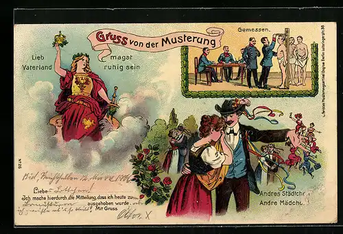 AK Gruss von der Musterung, Mann vor und nach der Musterung