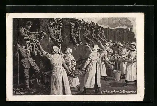 Künstler-AK Schwestern vom Roten Kreuz verteilen Suppe an die Soldaten in der Militärbahn