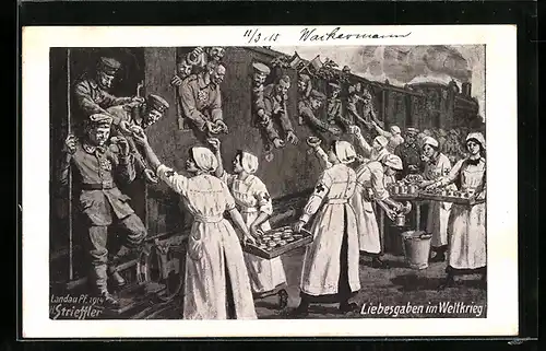 Künstler-AK Schwestern vom Roten Kreuz verteilen Suppe an die Soldaten in der Militärbahn