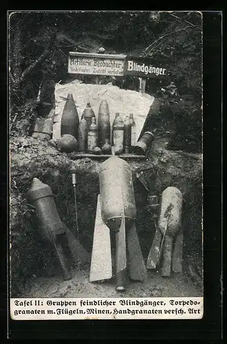 AK verschiedene feindliche Blindgänger, Torpedo-Granaten mit Flügeln, Minen & Handgranaten