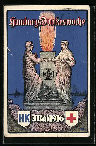 AK Hamburg, Dankeswoche 1916, Denkmal mit Feuer und Rotem Kreuz, Rotes Kreuz
