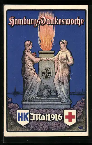 AK Hamburg, Dankeswoche 1916, Denkmal mit Feuer und Rotem Kreuz, Rotes Kreuz