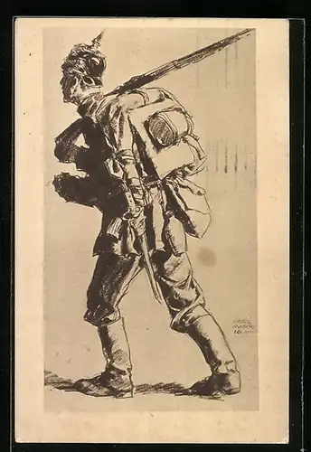 Künstler-AK sign.Carl Maar: Infanterist mit Gewehr & Pickelhaube