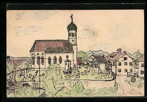 Künstler-AK Handgemalt: Rosenheim, Ortspartie mit Kirche