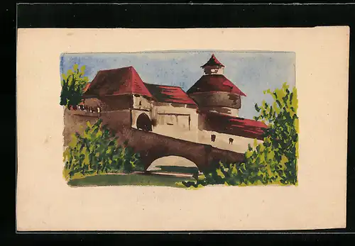 Künstler-AK Handgemalt: Ortspartie mit Gebäudeansicht