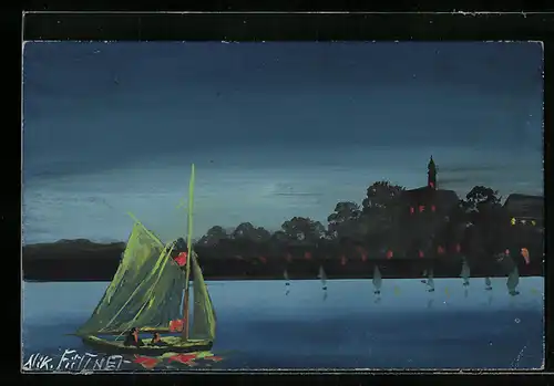 Künstler-AK Handgemalt: Uferpartie mit Segelboot bei Nacht