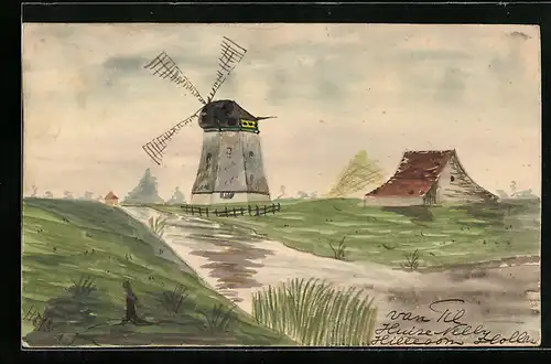 Künstler-AK Handgemalt: Landschaft mit Windmühle