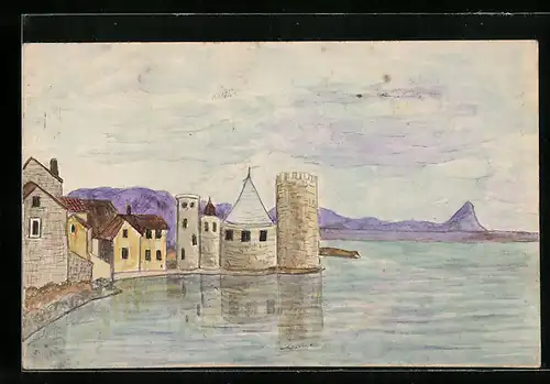 Künstler-AK Handgemalt: Uferpartie mit Turm und Bergen