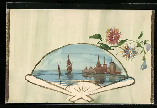 Künstler-AK Handgemalt: Uferpartie mit Segelboot im Fächer