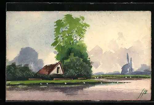 Künstler-AK Handgemalt: Uferpartie mit Haus