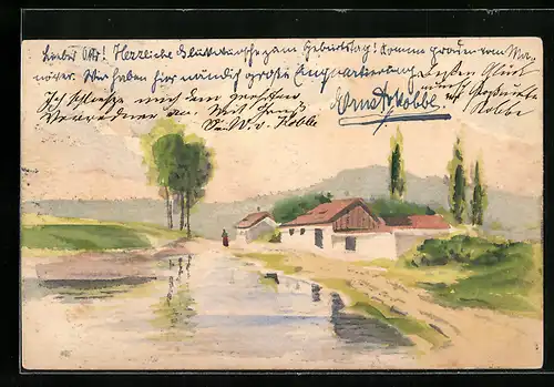 Künstler-AK Handgemalt: Landschaft mit Häusern und Bäumen