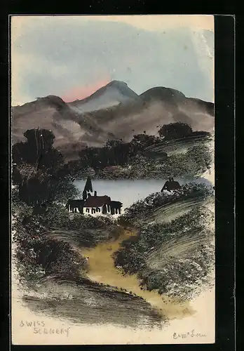 Künstler-AK Handgemalt: Landschaft mit Bergen