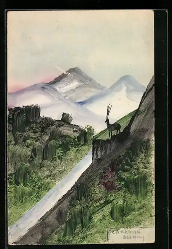 Künstler-AK Handgemalt: Landschaft mit Bergen