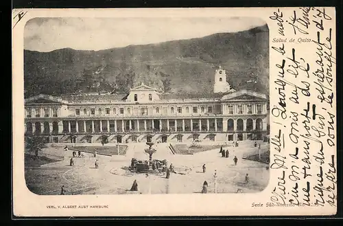 AK Quito, Langes Gebäude mit Anlagen und Brunnen