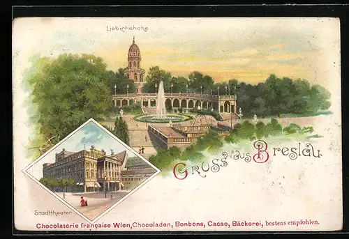 Lithographie Breslau, Liebichshöhe, Ansicht vom Stadttheater