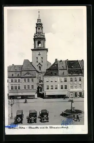 AK Crossen, Markt mit St. Marienkirche, Brunnen