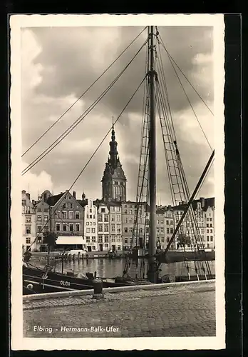 AK Elbing / Elblag, Hafenpartie am Hermann-Balk-Ufer