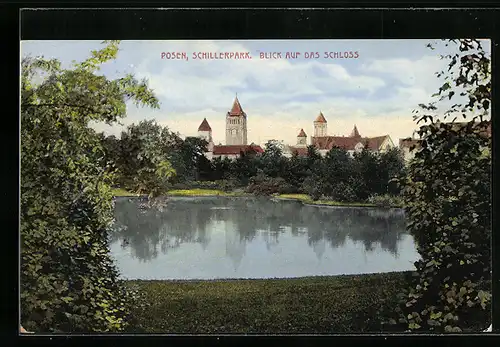 AK Posen / Poznan, Schillerpark mit Blick auf das Schloss