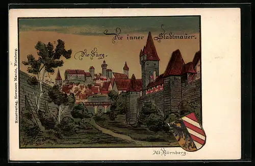 Lithographie Nürnberg, Blick zur Burg und Stadtmauer