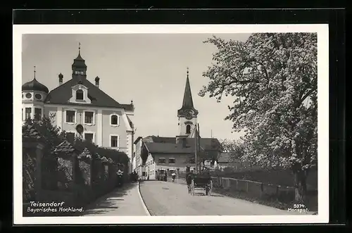 AK Teisendorf /Bayerisches Hochland, Strassenpartie mit Pferdewagen