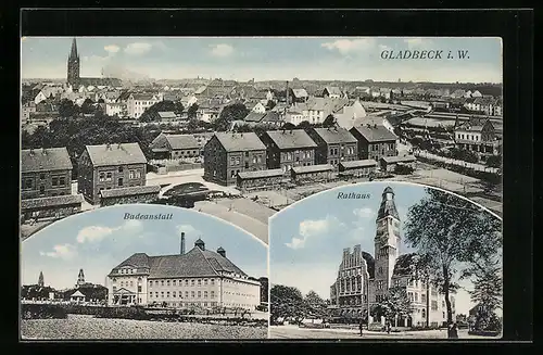 AK Gladbeck i. W., Teilansicht mit Kirche, Badeanstalt, Rathaus