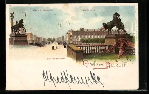 Lithographie Berlin, Teilansicht Unter den Linden, Zeughaus, Schloss-Terrasse