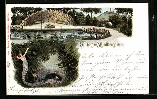 Lithographie Mühlberg, Spring, Meerjungfrau