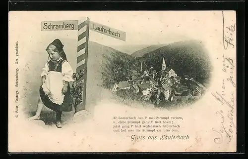 AK Lauterbach, Mädchen in Tracht und Ortsansicht