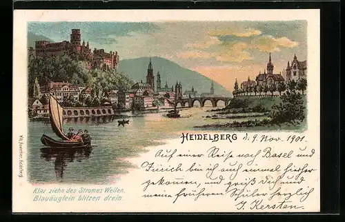 Lithographie Heidelberg, Teilansicht mit Schloss