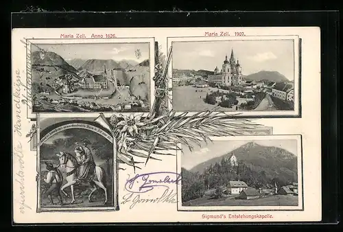 AK Maria Zell, Wallfahrtskirche, Sigmund`s Entstehungskapelle, Ankunft des frommen Priesters mit dem Gnadenbilde Marias