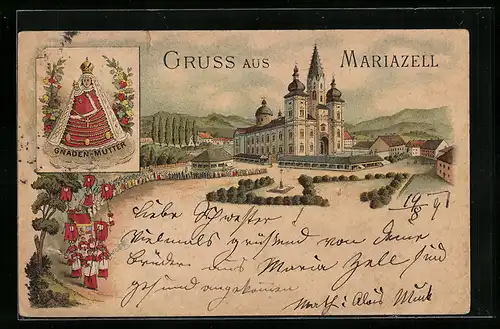 Lithographie Mariazell, Basilika mit Prozession und Gnadenmutter