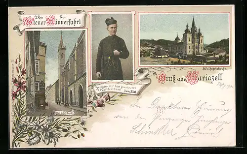 Lithographie Mariazell, Kirche St. Augustin in Wien, Wallfahrtskirche und Portrait von Pater Abel