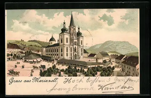 Lithographie Mariazell, Ortsansicht mit Wallfahrtskirche