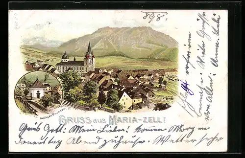 Lithographie Maria-Zell, Teilansicht mit Kirche, Heiliger Brunnen