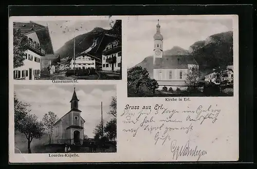 AK Erl, Kirche, Lourdes-Kapelle, Gassenansicht