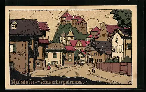 Steindruck-AK Kufstein, Kaiserbergstrasse mit Blick zur Festung