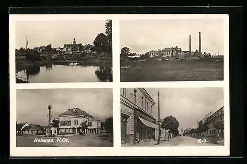 AK Hohenau, Teilansicht mit Teich, Fabrik, Strassenpartien