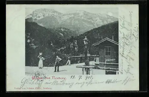 Mondschein-AK Neuberg, Berghütte mit Paar in Tracht