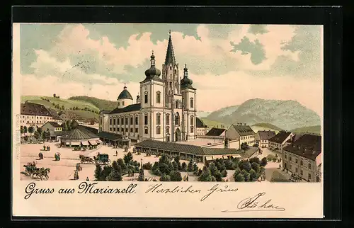 Lithographie Mariazell, Blick auf die Kirche mit Kutschen und Bergkulisse