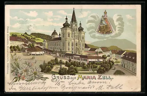 Lithographie Maria Zell, Ortspartie mit Kirche, Gnadenmutter