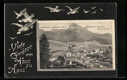 Passepartout-AK Eisenerz, Ortsansicht mit Pfaffenstein, Brieftauben