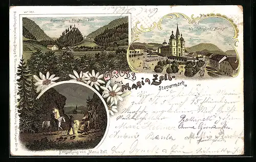 Lithographie Maria Zell, Wallfahrtskirche, Sigmundsberg