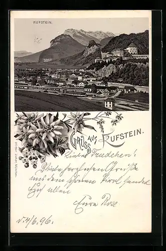 Lithographie Kufstein, Panoramablick auf Ort und Berge
