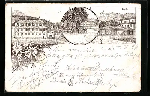 Lithographie Hall i. T., Gasthaus zum Temlschlössl der Geschwister Bliem, Glassalon