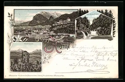 Lithographie Kufstein, Totalansicht, Sparchner Mühle, Teufelskanzel