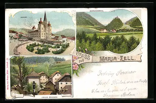 Lithographie Maria-Zell, Heilig. Brunnen, Kirche, Sigmundsberg