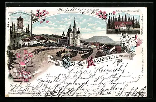 Lithographie Maria Zell, Aussichtsturm auf der Bürger-Alpe, Ortspartie mit Kirche und langer Prozession
