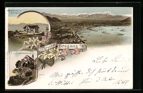 Lithographie Bregenz, Hotel Pfänder auf der Pfänderspitze, Blick auf die Stadt