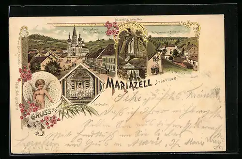 Lithographie Maria Zell, Teilansicht mit Kirche, Wasserfall zum todten Weib, Heiligenbrunn