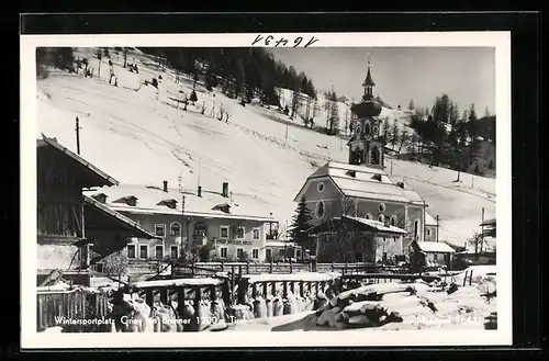 AK Gries am Brenner, Gasthof Weisses Rössl und Kirche im Winter